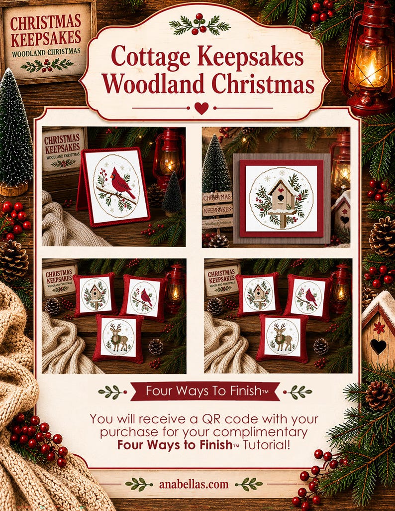 Cottage Keepsakes Woodland Christmas Collection | 3 Primitive Christmas Cross Stitch Designs + Four Ways To Finish™