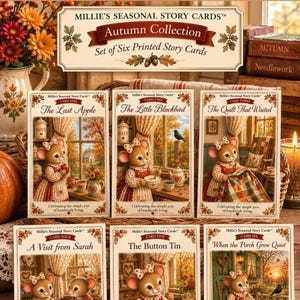 May include: A set of six Millie's Seasonal Story Cards from the Autumn Collection. Each rectangular card features a detailed illustration of a mouse in a rustic setting with titles like The Last Apple and The Quilt That Waited.
