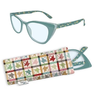 May include: Teal cat-eye glasses with floral patterned arms and a matching case. The case features a patchwork design with basket and star motifs in various colors. The glasses are displayed next to the open case.