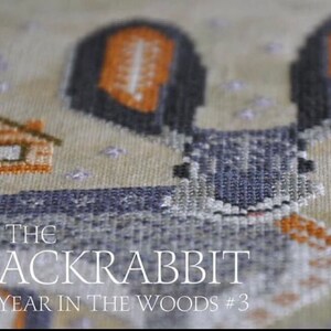 May include: Cross stitch pattern featuring a gray rabbit with orange ears, a small wooden house, and purple flowers. The text reads "The Jackrabbit A Year in the Woods #3" and "Cottage Garden Samplings".