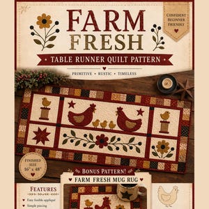 Könnte beinhalten: Ein Farm Fresh Tischläufer-Quiltmuster mit einer fertigen Größe von 40.6 cm x 121.9 cm. Das Design zeigt ein rustikales Landhaus-Thema mit Hühnern, Blumen und Sternen. Das Muster beinhaltet einfaches Aufbügeln und einfaches Zusammensetzen.