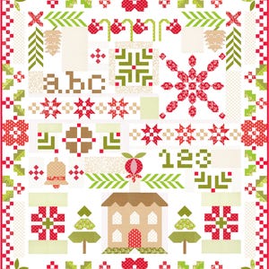 May include: A patchwork quilt with a white background and a repeating pattern of red, green, and beige geometric shapes. The quilt features letters, numbers, and festive holiday motifs like trees, bells, and snowflakes.
