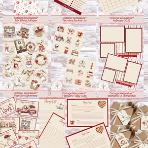 May include: A collection of paper goods with a Valentine's Day theme. Includes patterned paper, bucket lists, calendars, ephemera, fussy cuts, photo frames, postcards, notepaper, recipe cards, and tags. The color palette is cream, red, and brown.
