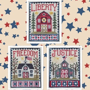 Waxing Moon Designs PATRIOTIC BARN TRIO Cross Stitch Pattern - New!