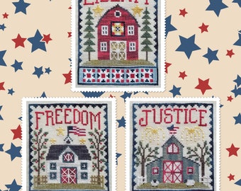 Waxing Moon Designs PATRIOTIC BARN TRIO Cross Stitch Pattern - New!