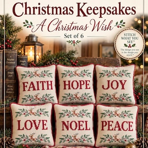 May include: A set of six square cream-colored fabric ornaments featuring cross-stitched red text reading FAITH, HOPE, JOY, LOVE, NOEL, and PEACE. Each ornament is bordered with red piping and decorated with green and red stitched holly motifs.