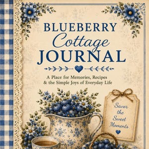 以下が含まれることがあります： Blueberry Cottage Journalというタイトルのジャーナル表紙。サブタイトルはA Place for Memories, Recipes & the Simple Joys of Everyday Life。青い花のイラスト、ブルーベリーが入ったピッチャー、Savor the Sweet Momentsと書かれたタグが描かれています。