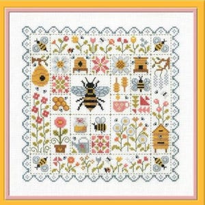 May include: A cross-stitch sampler featuring bees, flowers, and beehives in a grid pattern. The design includes a large bee in the center, surrounded by various floral and bee-related motifs in shades of yellow, pink, and blue, with a scalloped border.
