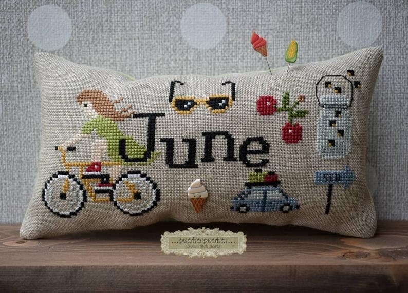 When I THINK OF JUNE Cross Stitch Pattern by Puntini Puntini with Button image 1