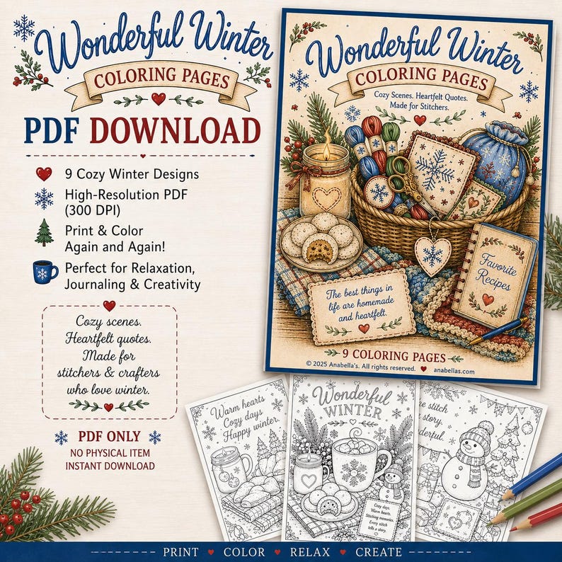Wonderful Winter Coloring Book PDF | Cozy Winter Coloring Pages | Printable Adult Coloring Book | Instant Download | Winter Craft Gift