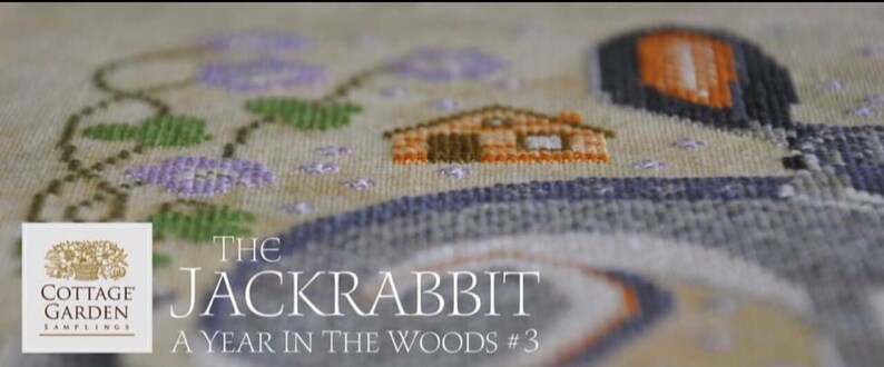 May include: Cross stitch pattern featuring a jackrabbit in the woods. The pattern is titled "The Jackrabbit: A Year in the Woods #3" and is from Cottage Garden Samplings.