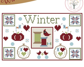 May include: A cross-stitch design with the word "Winter" in green, featuring red cardinals, apples, hearts, and snowflakes. The design includes the text "Winter Matching Minis" and "Anabella's Needleart".