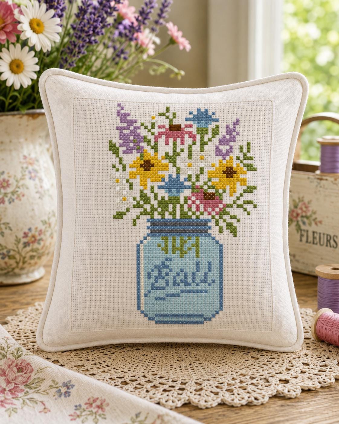 Summer Wildflowers Collection Ball Jar Cross Stitch Chart