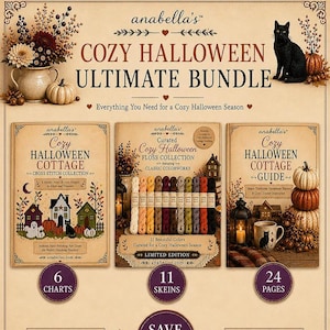 The Cozy Halloween Cottage Collection Bundle ~ Halloween Cross Stitch Pattern Book, Halloween Ornament Cross Stitch, Primitive Halloween