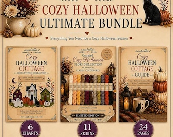 The Cozy Halloween Cottage Collection Bundle ~ Halloween Cross Stitch Pattern Book, Halloween Ornament Cross Stitch, Primitive Halloween