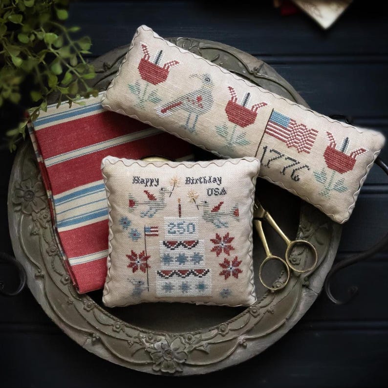 Happy Birthday USA  Cross Stitch Pattern - Plums Street Samplers Happy Birthday USA ~ Patriotic Cross Stitch ~ USA 250th Cross Stitch - PRE-ORDER