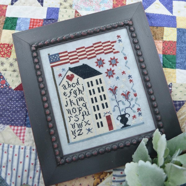 Annie Beez Folk Art AMERICAN SAMPLER HOUSE Cross Stitch Pattern ~ Patriotic Cross Stitch