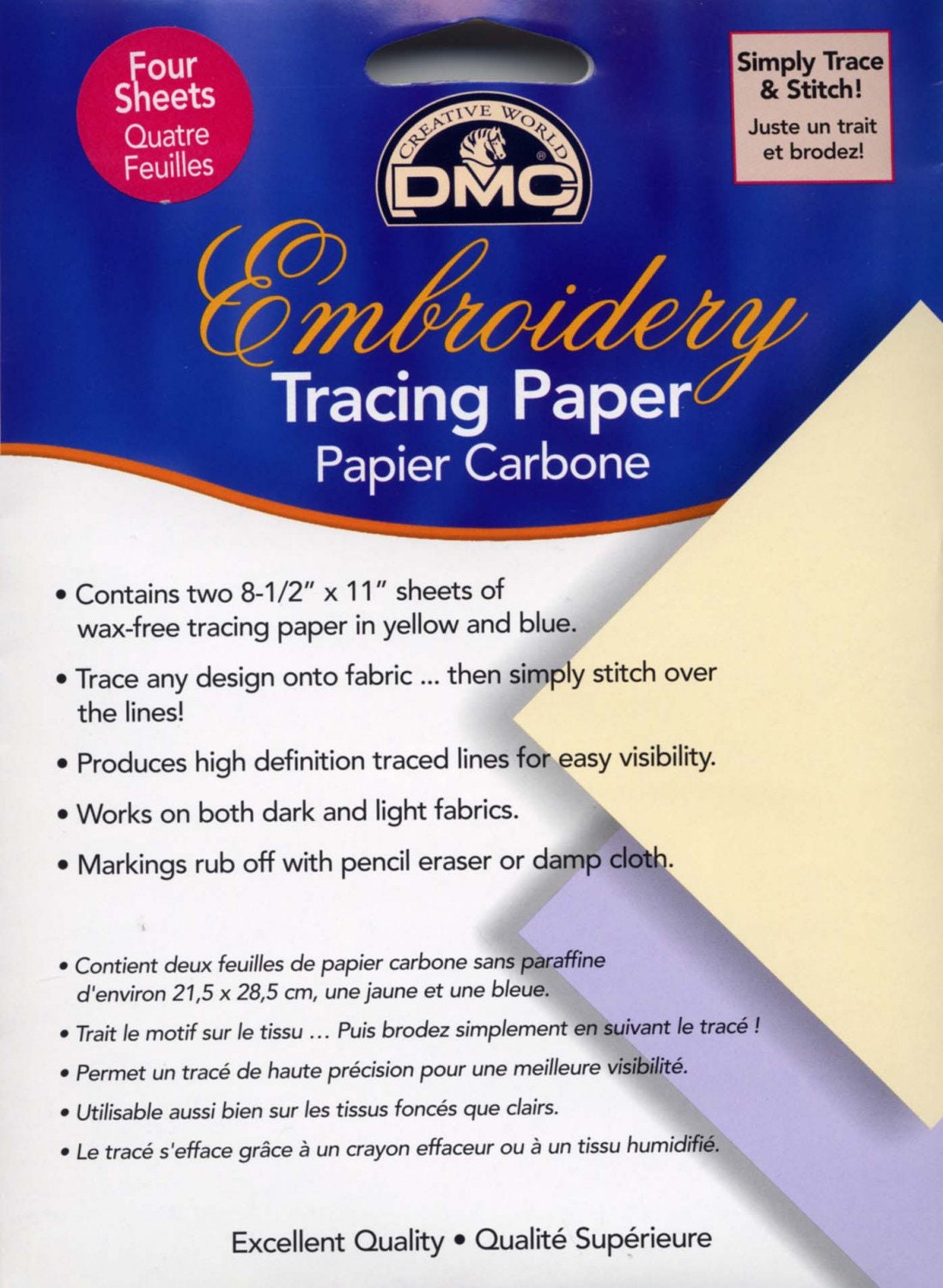 DMC Embroidery Tracing Paper 4 Sheets 8.5 X 11 Wax-free 2 Yellow and 2 Blue  Papier Carbone 21.5 X 28.5cm 