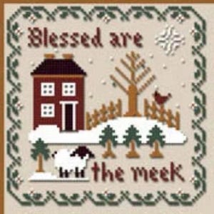 May include: A cross-stitch pattern featuring a red house with white windows, a snowy landscape, a sheep, and the text "Blessed are the meek".