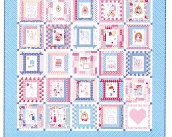 May include: A to Z Jane Austen Panel Quilt pattern. The quilt is 78 inches by 78 inches. The quilt features a light blue border and a patchwork design with various squares in pink, white, and blue. Each square contains illustrations and text.