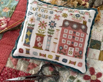 Cross Stitch ~ The Houses on Stitchery Lane ~ Button House #3   Cross Stitch chart ~ Pansy Patch Cross Stitch ~ Stitchery Lane Series