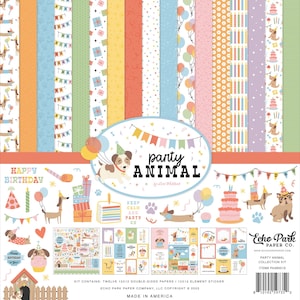 May include: A scrapbook paper collection kit with a "Party Animal" theme. The kit includes twelve 12x12 inch double-sided papers and a 12x12 inch element sticker sheet. The design features dogs, birthday cakes, balloons, and party decorations.