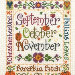 May include: Cross-stitch pattern featuring the word "Autumn" with a heart and floral design. The months September, October, and November are listed below with pumpkins and leaves. The text "Pumpkin Patch" is at the bottom with three pumpkins.