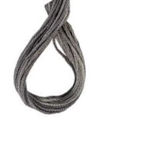May include: A close-up of a skein of gray embroidery floss, looped into a figure-eight shape. The floss appears to be made of multiple strands, with a slightly textured surface. The background is plain white.