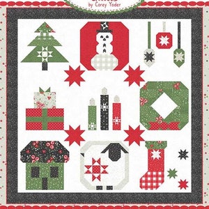 May include: A quilt pattern sampler with a winter theme. The pattern includes a snowman, a house, a stocking, a wreath, a tree, a sheep, candles, and ornaments. The pattern is titled "#208 Cuddle Up Sampler".