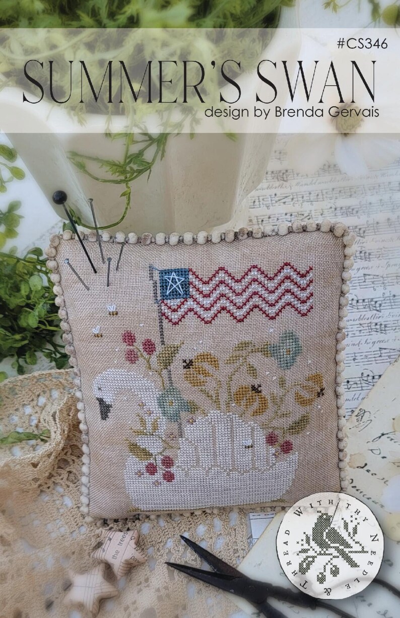 Pre-Order Brenda Gervais With Thy Needle & Thread SUMMER SWAN Cross Stitch Pattern Cross Stitch Patriotic Cross Stitch Anabella's image 1