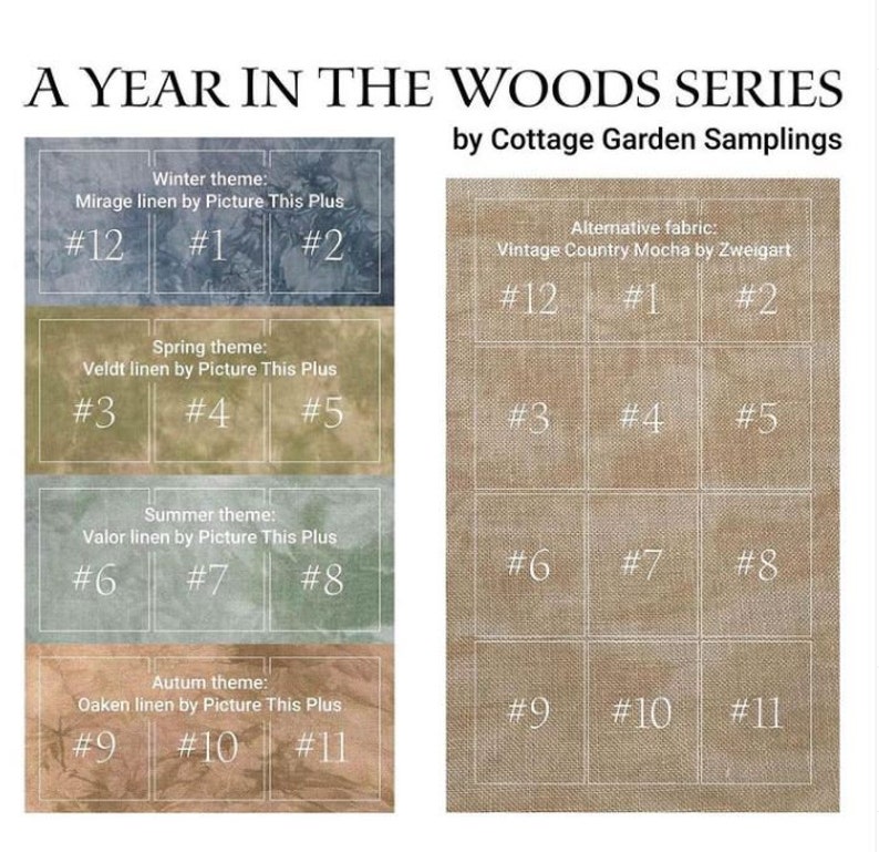 May include: A chart showing 12 different fabric swatches for a quilting project called "A Year in the Woods Series" by Cottage Garden Samplings. The swatches are arranged in four rows of three, with each row representing a different season: winter, spring, summer, and autumn. The fabric swatches are labeled with numbers 1 through 12. The fabric swatches are all different colors and patterns, and they are all made of linen.