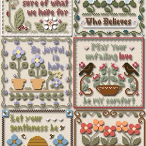 May include: A set of six cross-stitch patterns featuring floral designs and inspirational quotes. The quotes include "Faith is being sure of what we have for", "All things are possible to him who believes", "Be joyful in hope", "May your unfailing love be my comfort", "Let your gentleness be evident to all", and "Be rich in good deeds".