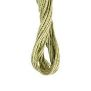 May include: Close-up of a twisted skein of light green embroidery floss. The floss is tightly wound, revealing the individual strands. The background is plain white, highlighting the texture and color of the thread.