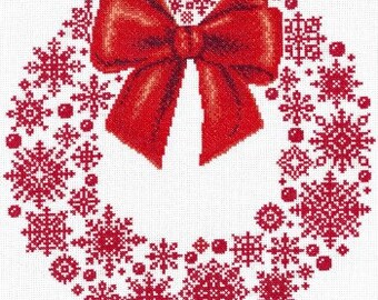 Imaginating - Redwork Snowflake Wreath - Christmas Cross Stitch Pattern