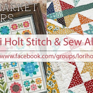 May include: A framed cross-stitch pattern of colorful flowers with the title "Flea Market Flowers". The image also includes a banner with the text "Lori Holt Stitch & Sew Along" and a link to a Facebook group.