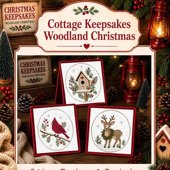Cottage Keepsakes Woodland Christmas Collection | 3 Primitive Christmas Cross Stitch Designs + Four Ways To Finish™