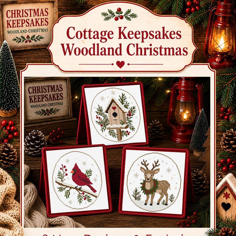 Cottage Keepsakes Woodland Christmas Collection | 3 Primitive Christmas Cross Stitch Designs + Four Ways To Finish™
