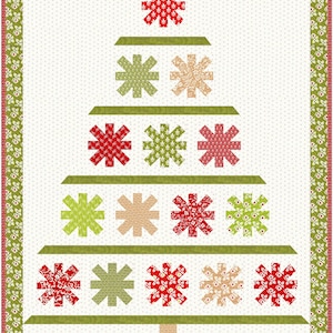 May include: A Christmas tree quilt with a white background dotted with small green dots. The tree is constructed of green horizontal stripes and snowflake-shaped ornaments in red, green, and tan. The quilt is framed with a red and green floral border.