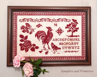 PDF Samplers Primitives RED ROOSTER  Cross Stitch Pattern ~Samplers Primitives Cross Stitch Patterns ~ Instant Download