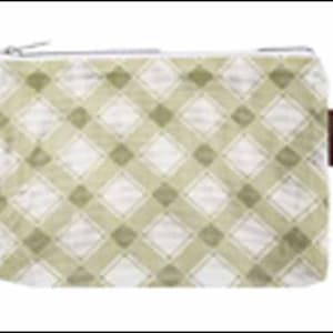 May include: A small green and white checkered zippered pouch with a brown leather tag.