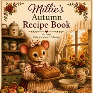 May include: A book titled Millie's Autumn Recipe Book, part of the Millie the Mouse collection, featuring an illustration of a mouse holding a loaf of bread in a kitchen with shelves, a window, a flour jar, and a floral pitcher.