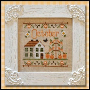 May include: Cross-stitch pattern featuring a white house with green trim, a tree with orange leaves, and pumpkins. The text "October" is stitched in brown thread.