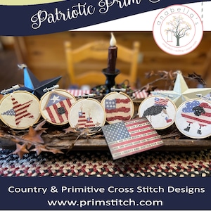 May include: A collection of five patriotic-themed cross stitch designs in embroidery hoops. The designs include a star, a house, a flag, a sheep, and a bald eagle. The designs are all in red, white, and blue colors. The text "Pledge Allegiance to the Flag of the United States of America, and to the Republic for which it stands, One Nation Under God, indivisible, with Liberty and Justice for All" is visible in the image.