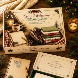 May include: A rectangular cardboard box labeled Cozy Christmas Stitching Box containing fabric stacks, embroidery thread, a notebook, and scissors. The box lid features festive graphics, and a separate box lid displays the text: Slow down, pour a cup of tea, stitch beautiful memories, Merry Christmas, Elayne.