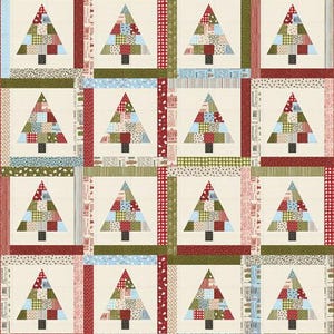 May include: A patchwork quilt featuring a repeating pattern of Christmas trees. Each tree is composed of various fabric squares in red, green, blue, and cream. The trees are set against a cream background and framed with red and green borders.