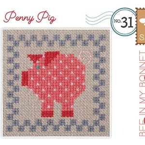 Puede incluir: Patr&oacute;n de punto de cruz para una abeja con un gorro y un cerdo rosa con lunares blancos. El patr&oacute;n se titula "Penny Pig" y forma parte de la colecci&oacute;n "Bee in My Bonnet Stitch Card" de Lori Holt. El n&uacute;mero de patr&oacute;n es 31 y forma parte del conjunto H.