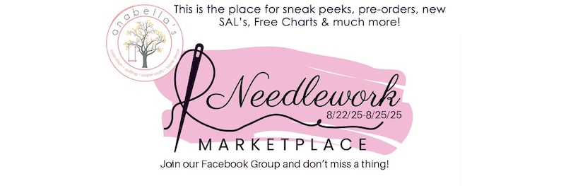 May include: A promotional graphic for a needlework marketplace. The design features a pink shape with the word "Needlework" in cursive, a needle and thread graphic, and the text "MARKETPLACE." Additional text includes "This is the place for sneak peeks..." and "Join our Facebook Group."
