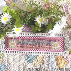 May include: A rectangular cross-stitch sign featuring the word AMERICA in red, white, and blue lettering, flanked by two white daisies. The piece is set in a white ornate frame with a red and white gingham border, displayed with white flowers.