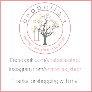 May include: A circular logo with the text "anabella's" in a pink circle. Inside the circle is a gray tree with yellow and pink leaves and a pink swing. Below the logo are social media links and the text "Thanks for shopping with me!"