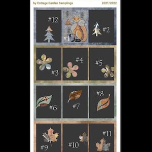 May include: A year in the woods series of 12 cross stitch patterns. The patterns feature a fox, trees, flowers, and leaves. The patterns are numbered 1 through 12.